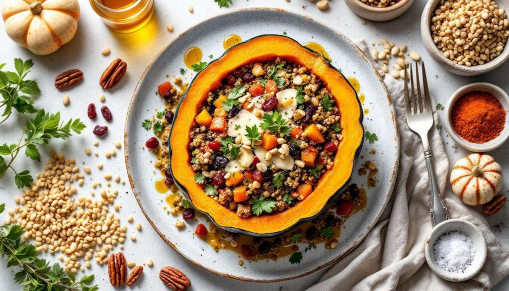Courge butternut farcie d’un mélange de quinoa, légumes de saison rôtis, fromage, noix et herbes – « Simple, savoureux et convivial » : ce butternut farci est devenu mon incontournable des repas d’automne !